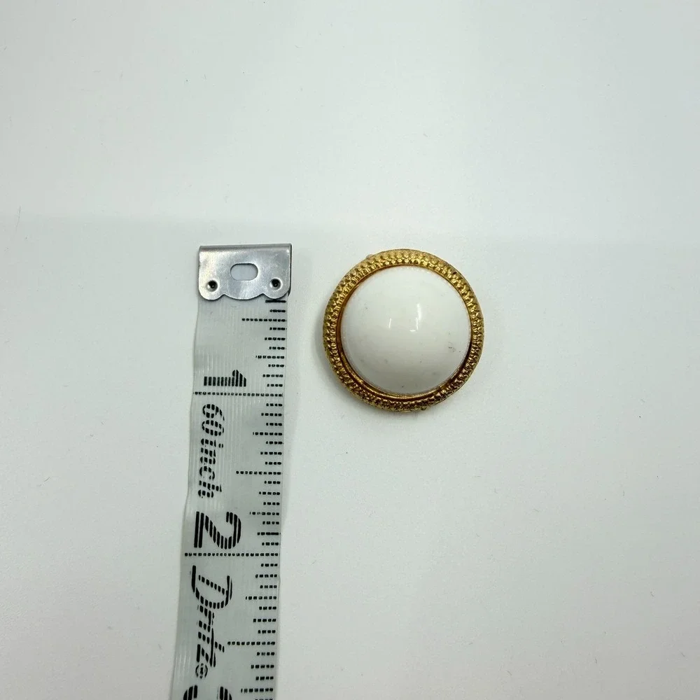 Vintage 80s Chunky White Cabochon Clip On Earrings Textured Gold Tone Round